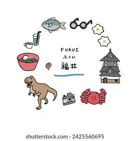 Fukui prefecture hand drawn cute icon set Translation “Fukui prefecture in Japan”