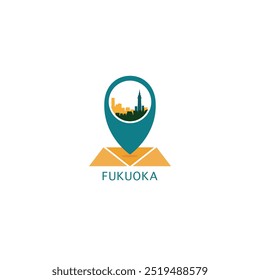 Fukuoka city map pin point geolocation modern skyline vector logo icon isolated illustration. Japan pointer emblem with landmarks and building silhouettes