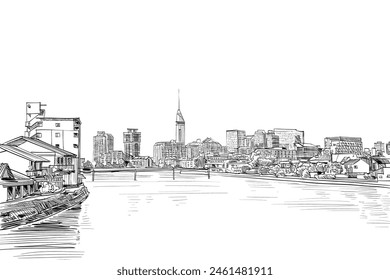 Fukuoka city sketch. Japan. Hand drawn vector art illustration.