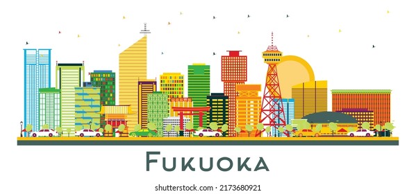 Fukuoka Japan City Skyline with Color Buildings Isolated on White. Vector Illustration. Business Travel and Tourism Concept with Modern Architecture. Fukuoka Cityscape with Landmarks.