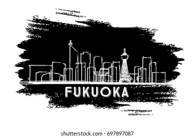 Fukuoka Japan Skyline Silhouette. Hand Drawn Sketch. Business Travel and Tourism Concept with Historic Architecture. Image for Presentation Banner Placard and Web Site. Vector Illustration.