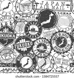 Fukuoka Japan Stamps Background. City Stamp Vector Art. Postal Passport Travel. Design Set Pattern.
