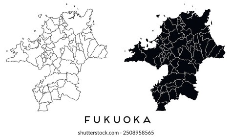 Mapa de Fukuoka de regiões distritos vetor preto em branco e contorno