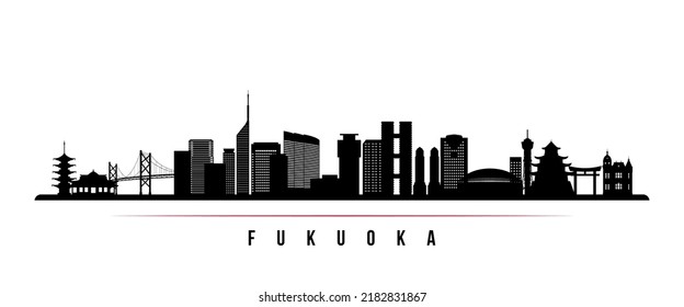 Fukuoka skyline horizontal banner. Black and white silhouette of Fukuoka, Japan. Vector template for your design. 