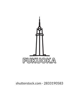 Fukuoka Tower in Fukuoka shown with a slender triangular frame, segmented facade, pointed antenna and wide supporting base above a bold Fukuoka label in a clean black and white outline icon