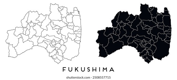 Mapa de Fukushima dos distritos vetor preto no branco e contorno