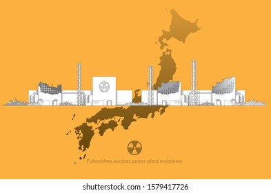 Fukushima Nuclear Power Plant Metldown Vector Background.
Japan Map.