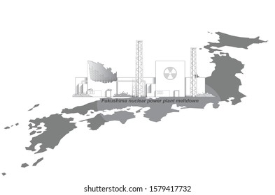 Fukushima Nuclear Power Plant Metldown Vector Background.
Japan Map.