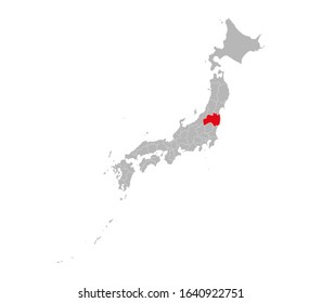 Fukushima province highlighted on Japan political map. Gray background.  
