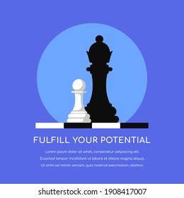 Fulfill Your Potential. Chess Pawn Droping Shadow of a Queen. Strenght, Motivation, Success Leadeship Concept