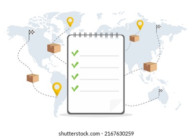 Fulfilled orders, fast parcel delivery. Global logistics network.  World map with cargo moving.