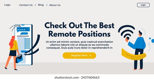 Fulfilling career from comfort of your chosen workspace. Check out best remote positions. Distant positions and offering flexibility of work. Website landing page, internet site. Vector in flat style