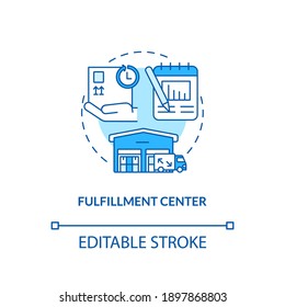 Fulfillment Center Concept Icon. Ecommerce Warehouse Solutions. Packing Buildings For Your Store. Commerence Idea Thin Line Illustration. Vector Isolated Outline RGB Color Drawing. Editable Stroke