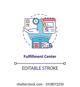 Fulfillment Center Concept Icon. Ecommerce Warehouse Solutions. Packing Facilities For Your Store. Commerence Idea Thin Line Illustration. Vector Isolated Outline RGB Color Drawing. Editable Stroke