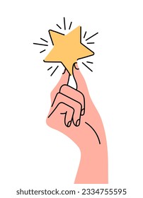 Fulfillment of a dream, a person reaches the goal, get a star from the sky. Flat vector illustration of a star in a person's hand.