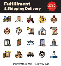 Fulfillment and shipping delivery filled outline icons. Base on 64px with pixel perfect alignment.