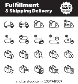 Fulfillment and shipping delivery outline icons. Base on 64px with pixel perfect alignment.