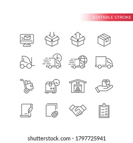 Fulfillment thin line icons. Delivery service icon set. Truck, warehouse, storage and box or parcel package outline symbols, editable stroke.