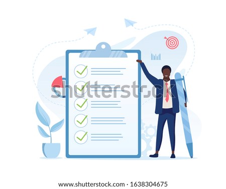 Fulfilment of business tasks concept with a businessman holding a large pen standing alongside a clipboard with a to do list where all tasks have been ticked off as being complete, vector illustration