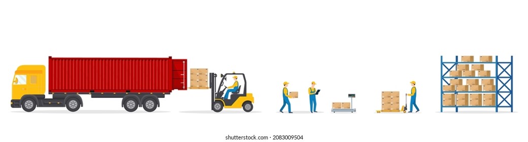 Fulfilment of order on warehouse. Loading of boxes with goods to truck with help forklift, worker. Work process in wholesale distribution and logistic center. Delivery operator and merchandise. Vector