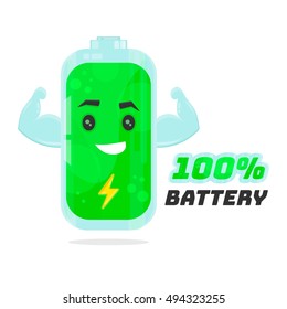 Full 100% battery character design. Vector flat cartoon illustration. Energy power concept. Isolated on white background 