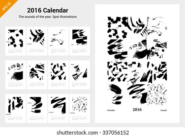 Full 2016 Calendar. The sounds of the year. Hand drawn grayscale spot illustrations. Full vector EPS 10.