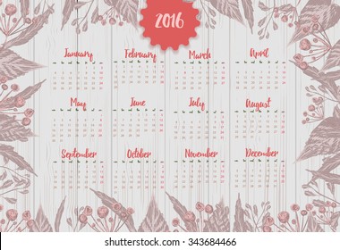 Full 2016 Cute romantic Calendar with vintage flowers on wooden background. Vector illustration.