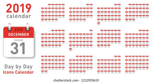 Full 2019 Calendar composed by vector icons for each day of the year, with month, weekday and day number.