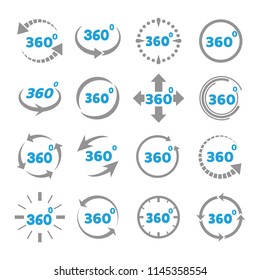 Full 360 degree signs. 360 angled vr simulation icons, panoramic angle game view symbols, vector illustration