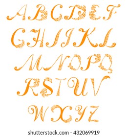 Full ABC alphabet letter set of 26 characters isolated over the white background. Romantic letter of beautiful lemon. Floral Alphabet. Vector Illustration