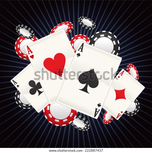 黒い背景にフルエースポーカーと カードとコインのポーカースプラッシュとベクターイラスト漫画 のベクター画像素材 ロイヤリティフリー