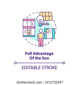Full advantage of sun concept icon. Sustainable architecture principle abstract idea thin line illustration. Solar panel. Isolated outline drawing. Editable stroke. Arial, Myriad Pro-Bold fonts used