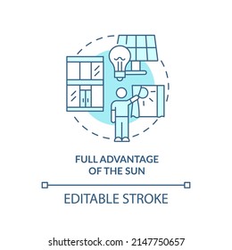 Full advantage of sun turquoise concept icon. Sustainable architecture principle abstract idea thin line illustration. Isolated outline drawing. Editable stroke. Arial, Myriad Pro-Bold fonts used