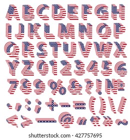 Full alphabet from 3d vector letters with American flag folded. Set of all letters with punctuation marks and special symbols. Correct standard colors.