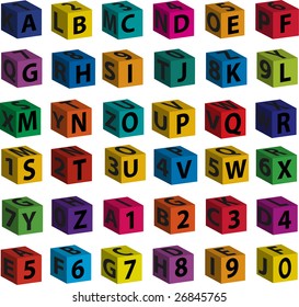 Full alphabet (black letters) and ten figures on the front sides (as well as on side and upper planes) of 3d toy bricks.