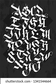 Full alphabet in the Gothic style. Vector. Letters and symbols on a black background. Calligraphy and lettering. Medieval Latin letters. Individual letters. Elegant font for your project