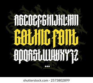 Full alphabet in the Gothic style. Vector. Letters and symbols on a black background. Calligraphy and lettering. Medieval Latin letters. Individual letters. Elegant font for tattoo.