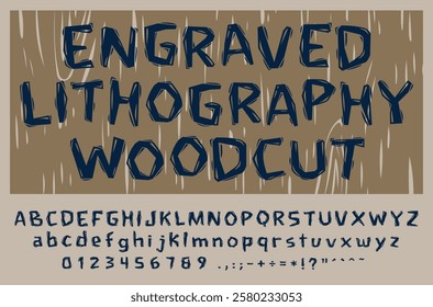 Full alphabet with highly detailed textured letters with an old linocut print texture. Unique Design Font. Carved, Engraved, Woodcut