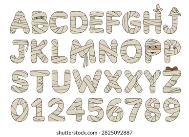 Full alphabet and numbers set featuring characters wrapped in mummy bandages with eyes and occasional bow decorations.