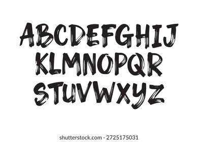 Volles Alphabet in einer unverwechselbaren schwarzen Pinselschrift auf sauberem, weißem Hintergrund, ideal für kreative Projekte