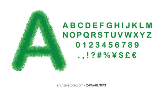 The full alphabet, a set of numbers from 0 to 9 and various signs. Everything green is stylized with grass. 
