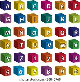 Full alphabet (white letters) and ten figures on the front sides of 3d toy bricks.