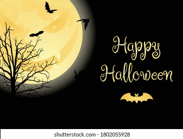 Full angry moon, flying bats and silhouette of branches on black background.