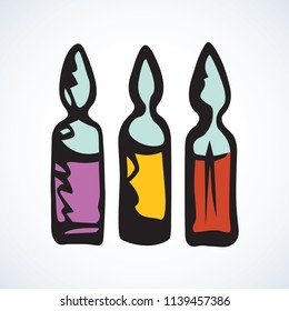 Full antidote ampulla cartridge symbol on white background. Web simple medic ui logo concept. Bright red, yellow, purple color hand drawn healthcare emblem sketchy in retro scribble graphic style