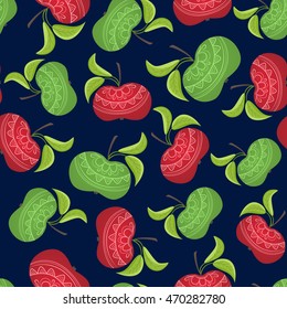 Full apples seamless pattern. Detailed ornamental decoration. Fruits vector illustration. Green and red on dark blue background. Random layout.