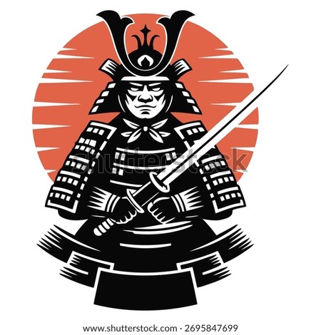 Full Armor Samurai Warrior with Katana. Bold vector illustration of a traditional Japanese samurai in full armor, holding a sword (katana) against a rising sun background.
