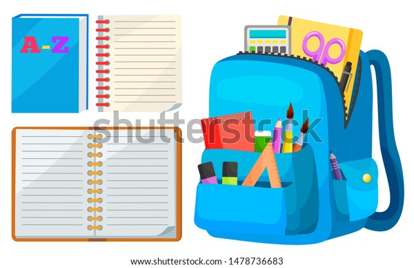 Full
backpack, open notebook, back to school. Calculator and scissors,
pen and pencil, tassel and ruler, empty page of book, chancery
symbol vector. Back to school concept. Flat
cartoon