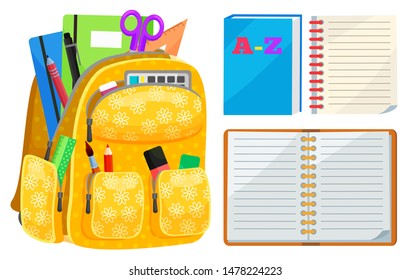Full backpack, open notebook, equipment for back to school. Pen and pencil, tassel and ruler, empty page of book, chancery symbol vector. Back to school concept. Flat cartoon