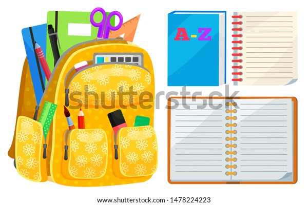 Full
backpack, open notebook, equipment for back to school. Pen and
pencil, tassel and ruler, empty page of book, chancery symbol
vector. Back to school concept. Flat
cartoon