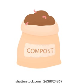 Full bag of compost with worms. Element of farming. Fertilizer for plants.